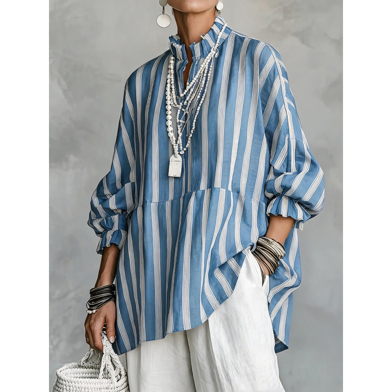 Damen Gestreifte Oversize-Tunika mit Rüschkragen und Ballonärmeln – Avérine