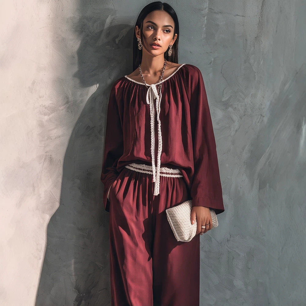 Damen Fließendes zweiteiliges Loungewear-Set aus Seidenoptik mit weiter Palazzohose und geraffter Tunika Echoarchiv