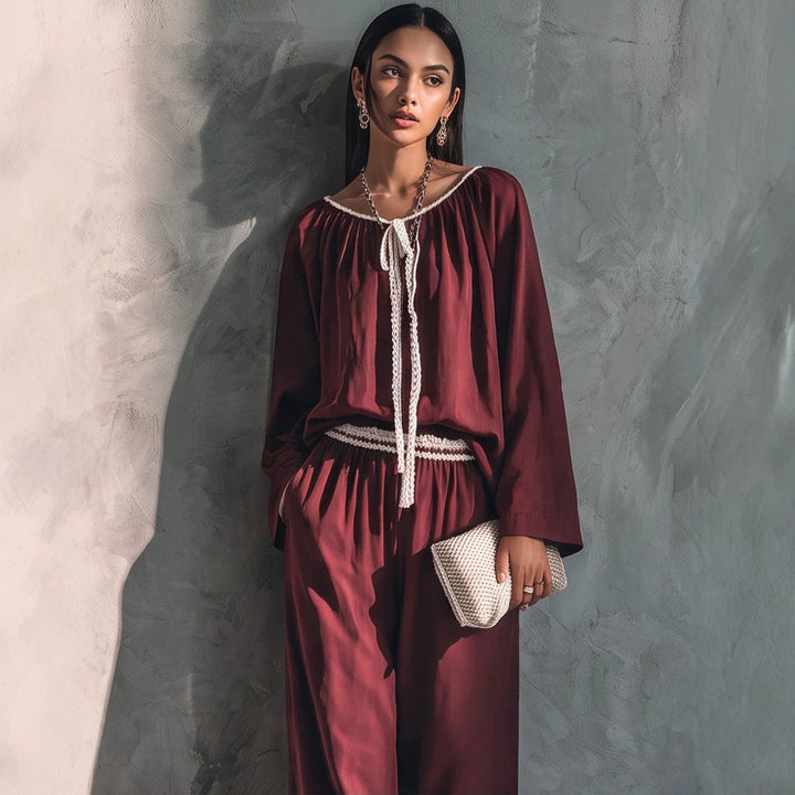 Damen Fließendes zweiteiliges Loungewear-Set aus Seidenoptik mit weiter Palazzohose und geraffter Tunika Echoarchiv