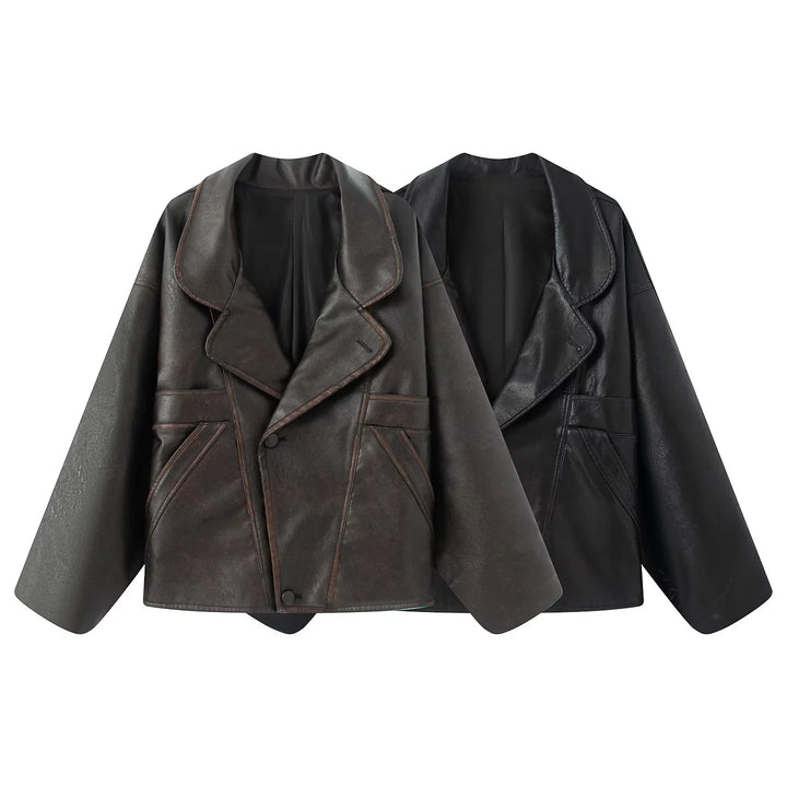 Damen nan kastiger Lederimitat-Blouson mit überlappendem Schalkragen und diagonal eingesetzten Taschen Echo Archiv