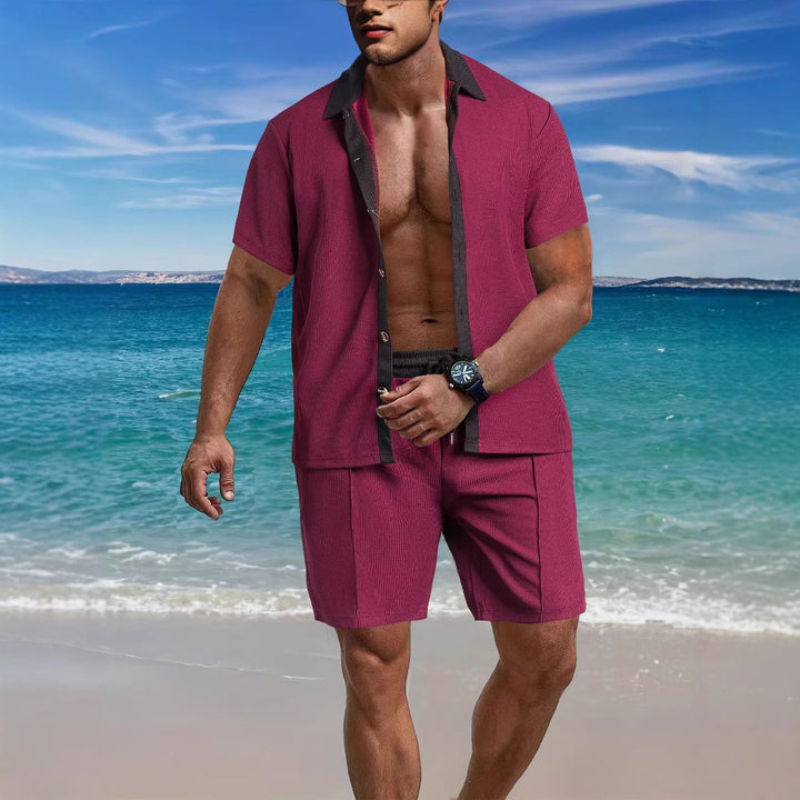 Herren nan modernes Freizeit-Set aus feinem Strukturjersey mit Hemdkragen-Knopfleiste und Kordel-Shorts Echo Archiv