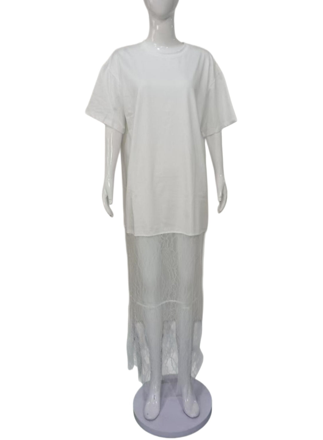 Damen Langes Lagenkleid mit Oversize-T-Shirt-Top und transparentem Spitzenunterrock – Valéora