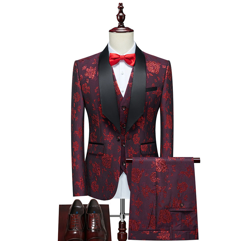 Herren Luxuriöses dreiteiliges Smoking-Set mit Schalrevers und Blumen-Jacquard Echo Archiv