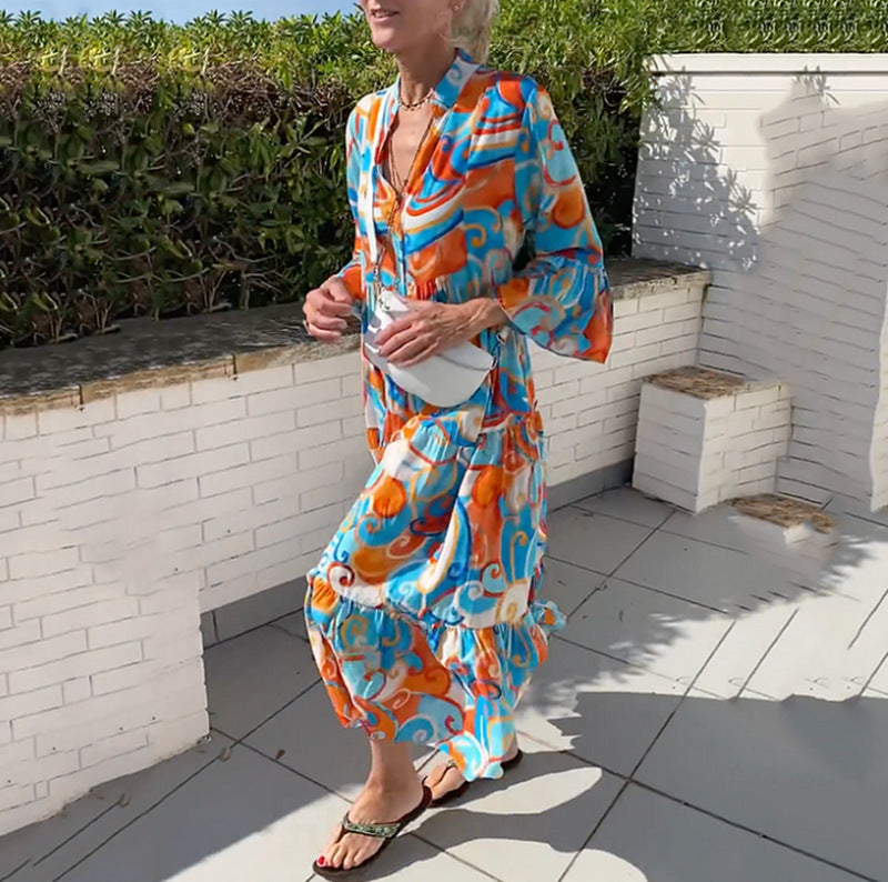 Damen nan luftiges Maxikleid mit Aquarellprint, V‑Ausschnitt, halber Knopfleiste und Stufenrock Echo Archiv