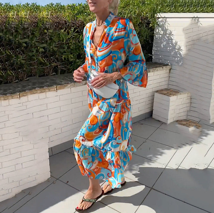 Damen nan luftiges Maxikleid mit Aquarellprint, V‑Ausschnitt, halber Knopfleiste und Stufenrock Echo Archiv