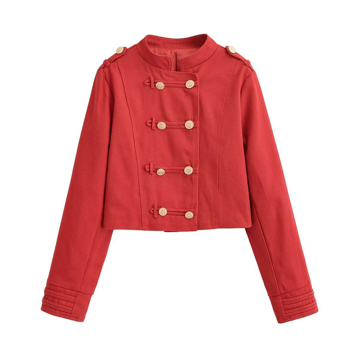 Damen Militärinspirierte Kurzjacke mit Stehkragen, Zierriegeln und goldenen Zierknöpfen Echo Archiv