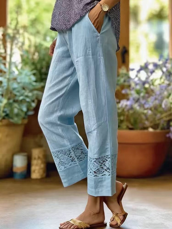 Damen Leinenoptik Culotte-Hose mit Spitzeinsatz am Saum und seitlichen Eingrifftaschen – Avélisse