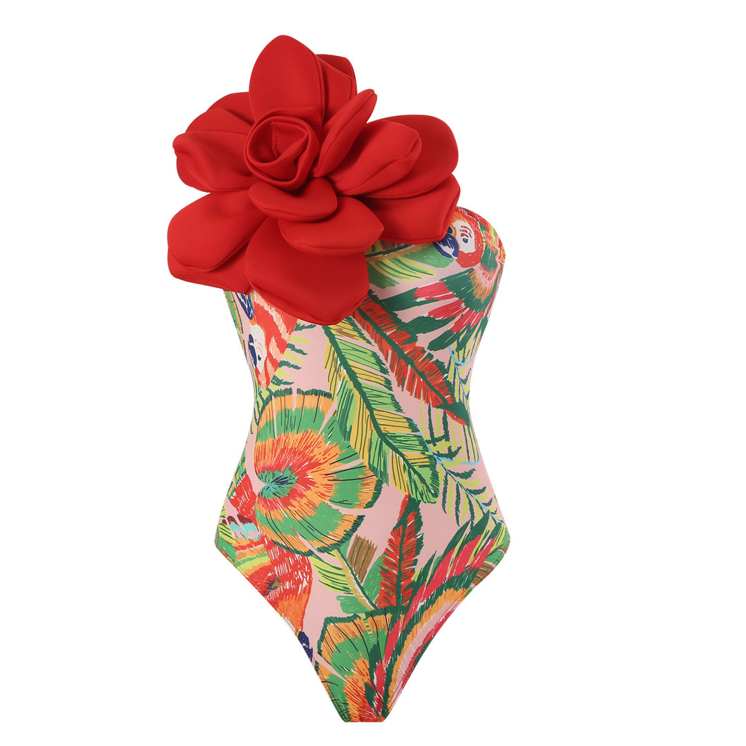 Damen Eleganter Badeanzug mit großem Blumen-Detail und transparentem Überrock Echo Archiv