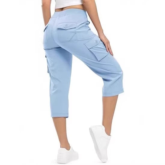 Damen Capri Cargo-Hosen in Bermuda-Länge mit hoher Taille und aufgesetzten Klappentaschen Echoarchiv