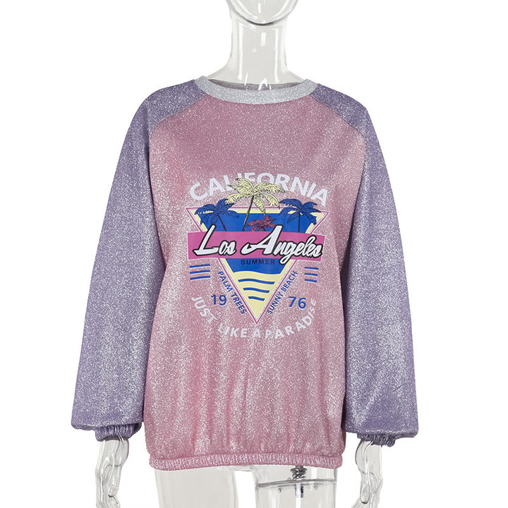 Damen Glitzerndes Oversize-Sweatshirt mit Raglanärmeln und Retro-Los-Angeles-Print Echo Archiv