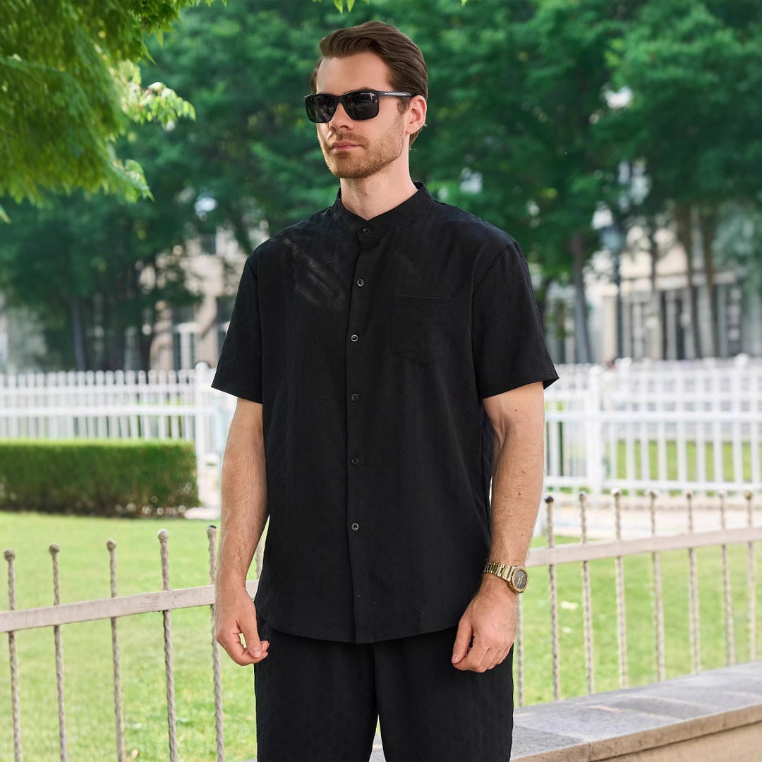 Herren lässiges Kurzarm-Hemd mit strukturiertem Design und praktischen Taschen Echoarchiv