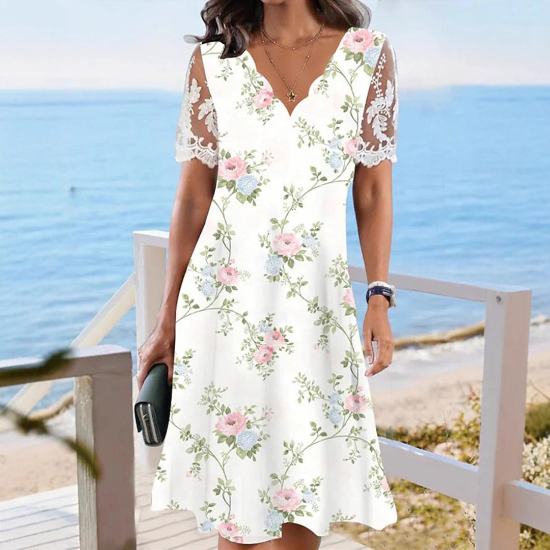 Damen nan A-Linien-Midikleid mit wellenförmigem V-Ausschnitt, ganzflächigem Blumenmuster und transparenten Spitzenärmeln Echo Archiv