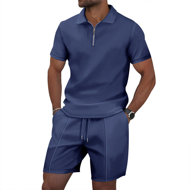 Herren sportliches Kurzarm-Poloshirt und Shorts-Set mit Reißverschluss Echoarchiv