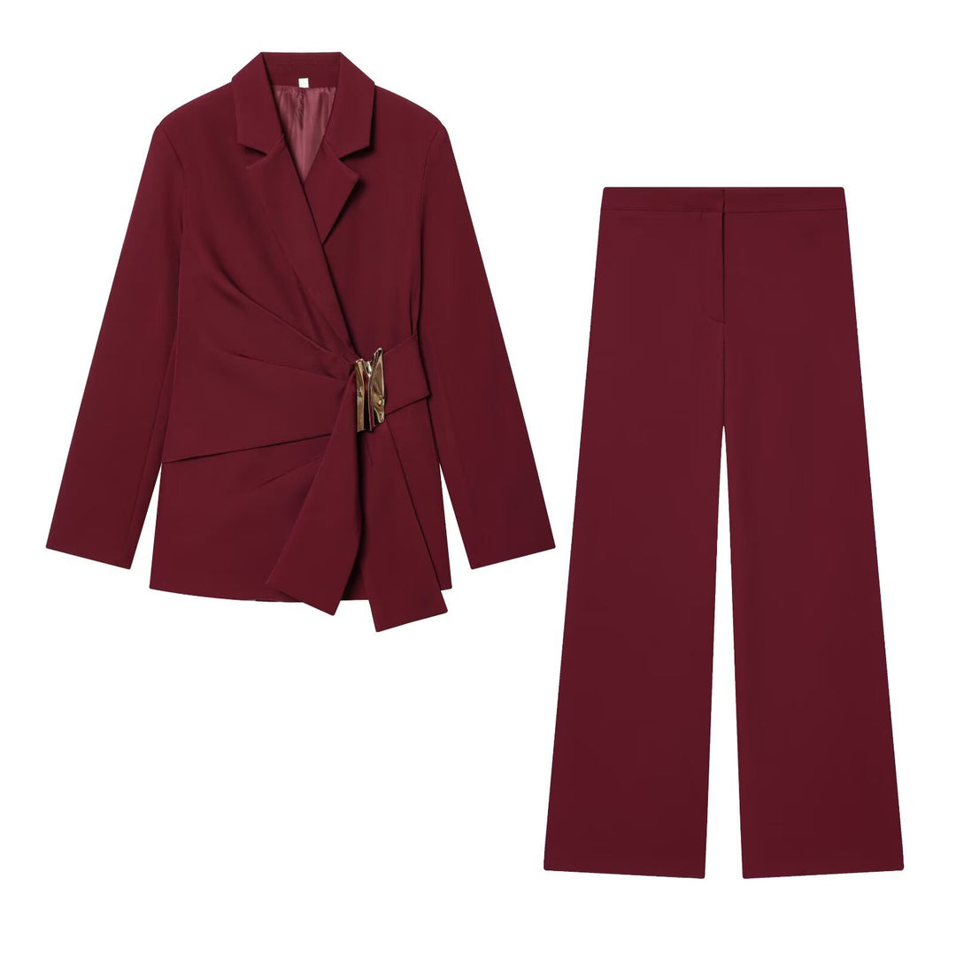 Damen Zweiteiliges Wickelblazer- und Palazzo-Anzugset mit Ziergürtel Echo Archiv