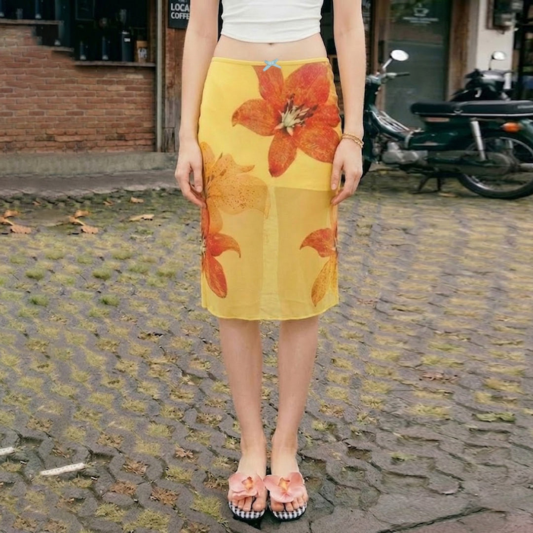 Damen Midi-Rock mit floralem Chiffon und elastischem Bund Echo Archiv