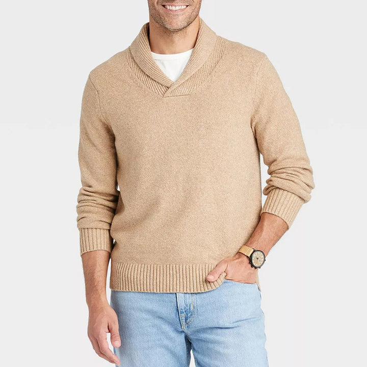 Herren Schalkragen-Pullover aus meliertem Feinstrick mit Rippbündchen Echo Archiv