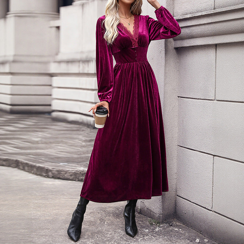 Damen Samt-Maxikleid mit V-Ausschnitt und Empire-Taille Echoarchiv