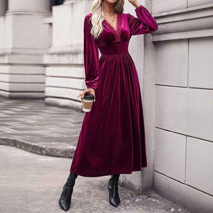 Damen Samt-Maxikleid mit V-Ausschnitt und Empire-Taille Echoarchiv