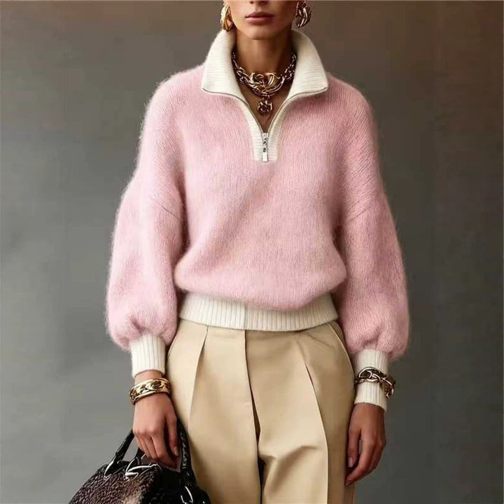 Damen Flauschiger Pullover mit halbem Reißverschluss, Stehkragen und Ballonärmeln – Mavelle