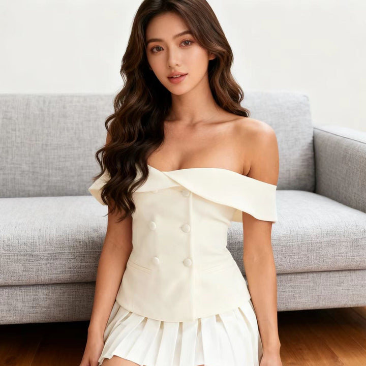 Damen Schulterfreies Cocktailkleid mit eleganten Falten und klassischem Blazer-Design Echo Archiv