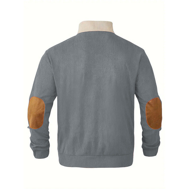 Herren Strukturierter Halbknopf-Pullover mit Stehkragen, Rippenstruktur und Ellenbogen-Patches Echoarchiv