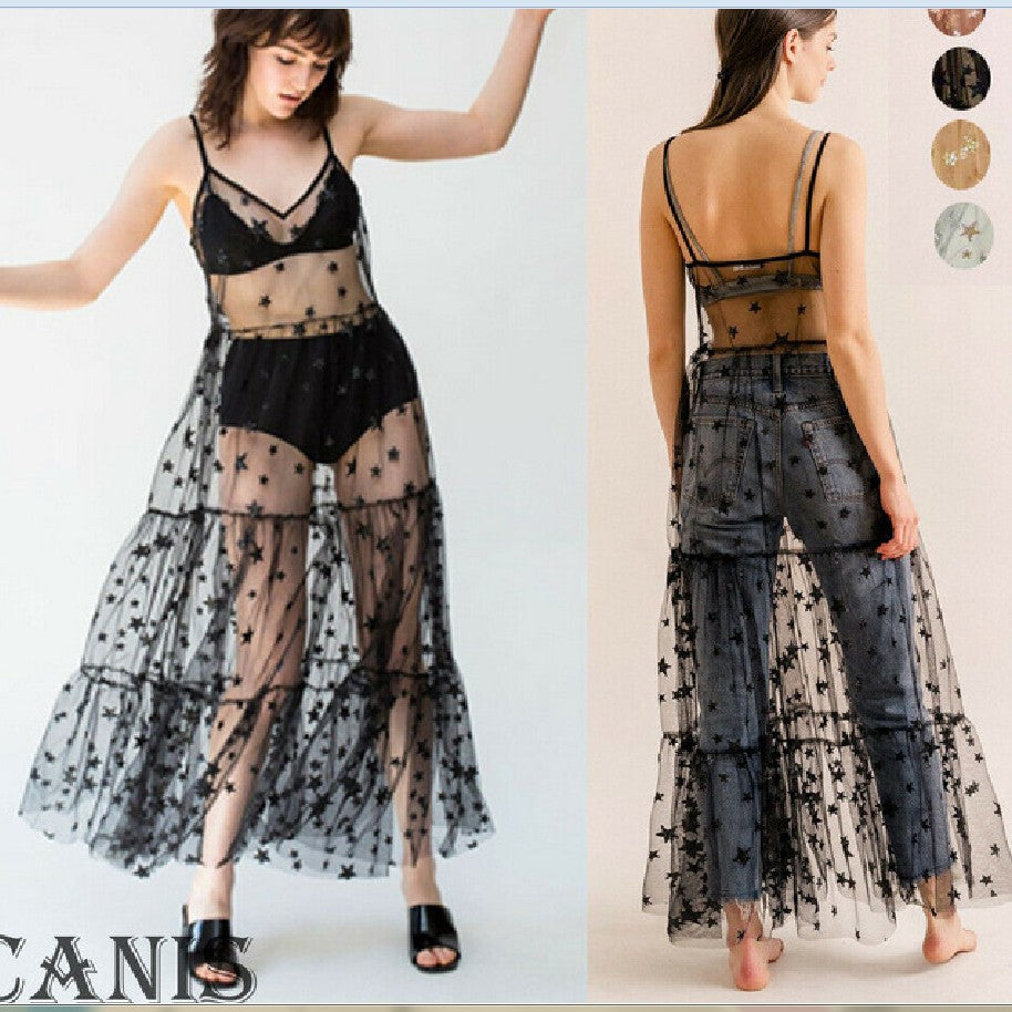 Damen Transparente Maxikleid aus Chiffon mit Sternen-Design und mehrlagigem Saum Echo Archiv