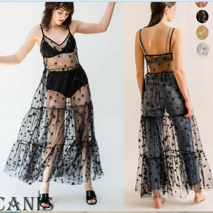 Damen Transparente Maxikleid aus Chiffon mit Sternen-Design und mehrlagigem Saum Echo Archiv