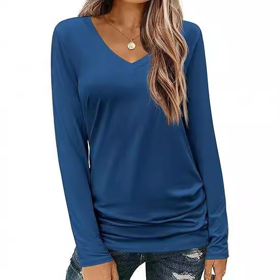 Damen Figurbetontes V‑Ausschnitt Langarmshirt aus Stretch‑Jersey mit leicht gerafftem Saum Echo Archiv