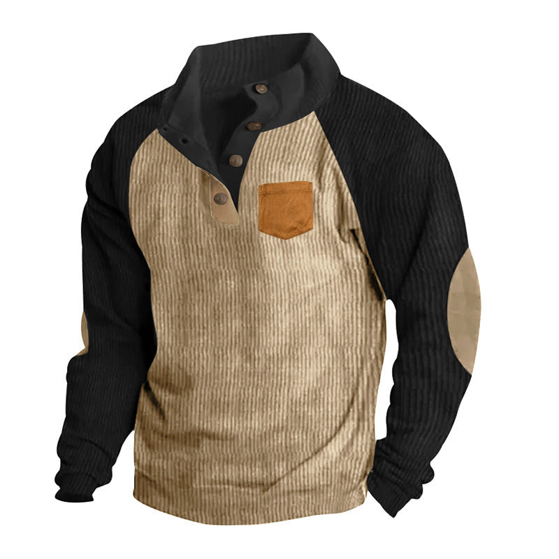 Herren Geripptes Henley‑Pullover mit Raglanärmeln, Ellenbogen‑Patches & Brusttasche – Cavarno