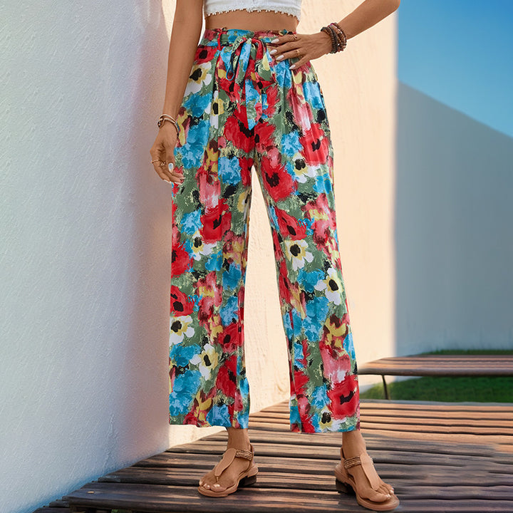 Damen Leichte High‑Waist Marlenehose mit floralem Aquarellprint, weitem Bein & Bindegürtel Echoarchiv