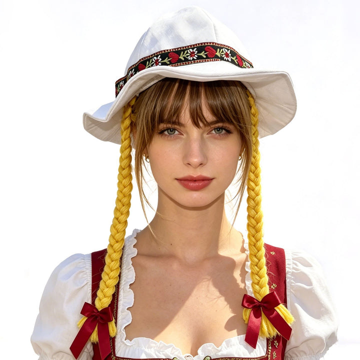 Damen nan folklorischer Sonnenhut mit dekorativem besticktem Band und langen geflochtenen Zöpfen Echo Archiv