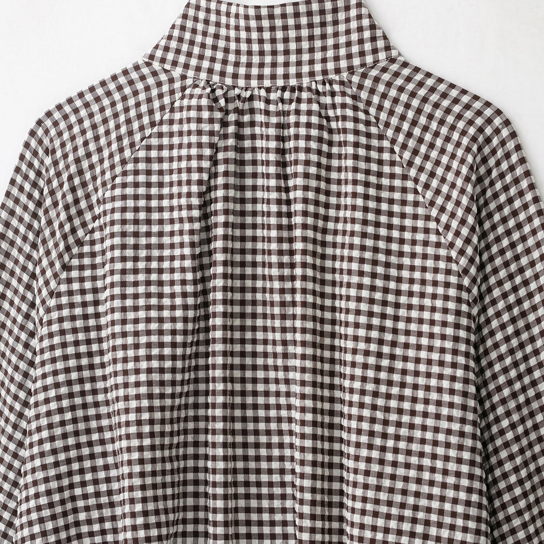 Damen Karo-Bluse mit Stehkragen, Knopfleiste und Tunnelzug-Saum Echoarchiv