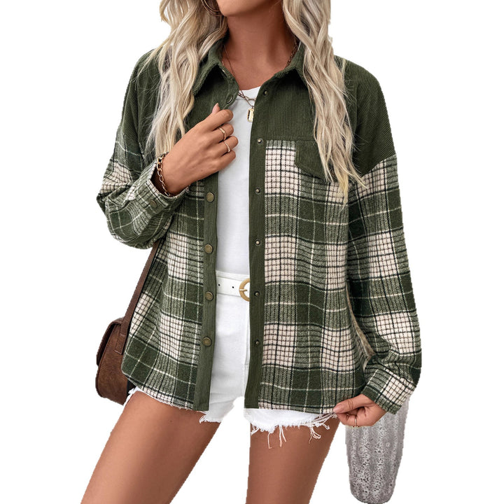 Damen Oversize-Hemdjacke im Karo mit Cordkragen und aufgesetzten Brusttaschen – Avérine