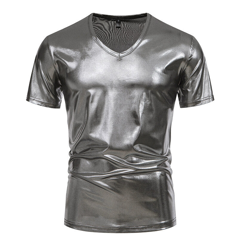 Herren V-Ausschnitt T-Shirt aus glänzendem Material mit persönlichem Stil Echoarchiv