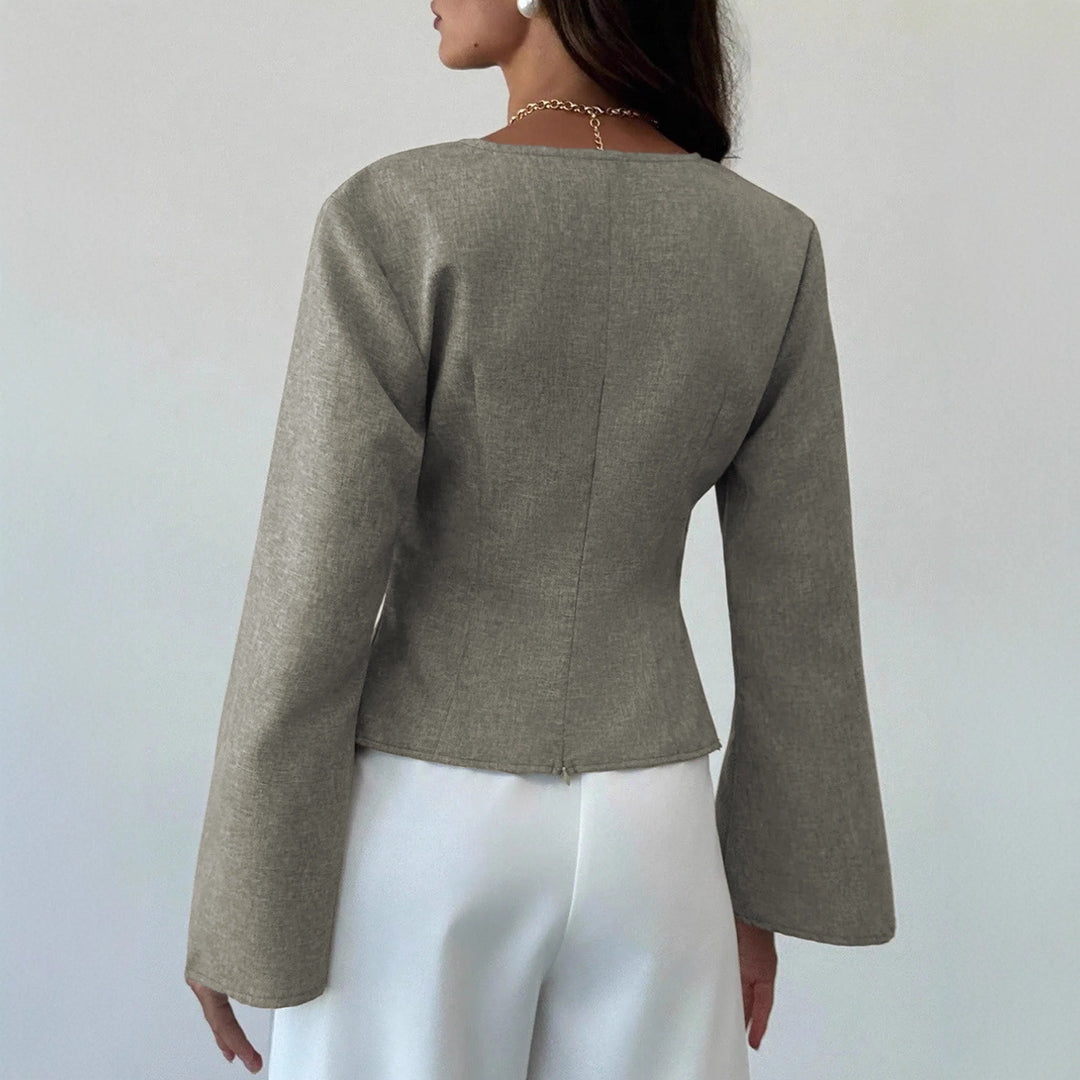 Damen Wickelbluse mit taillierter Drapierung und ausgestellten Ärmeln – Avérine