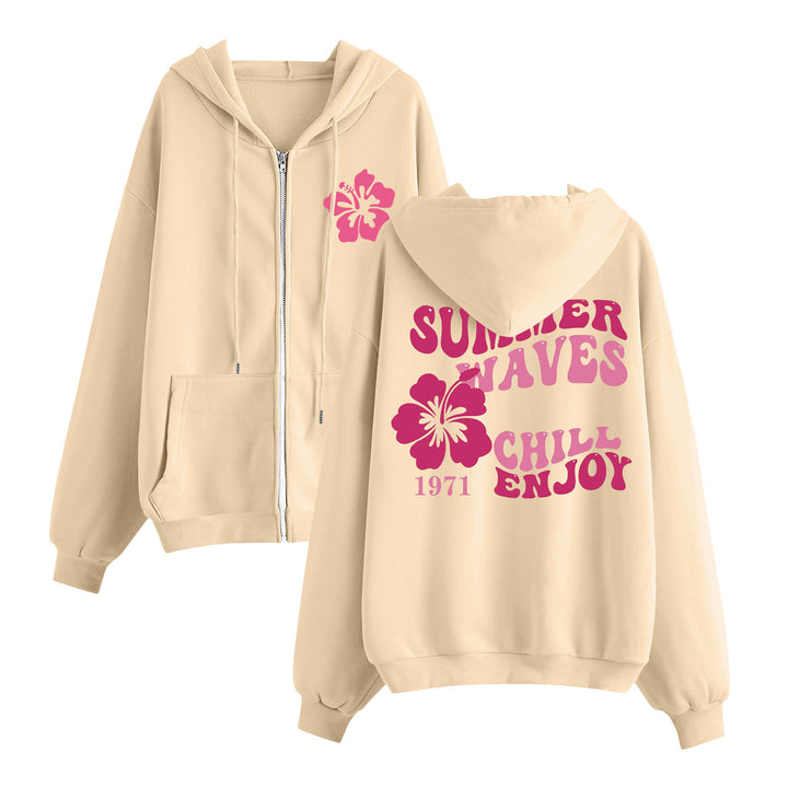 Damen entspannter Zip-Hoodie mit tropischem Hibiskus-Print, Kängurutaschen und gerippten Bündchen – Auréline