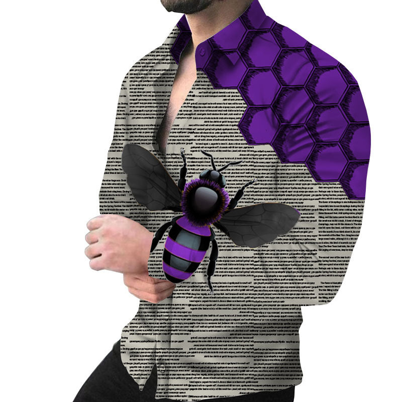 Herren Kreatives Langarmhemd mit künstlerischem Bienenmuster und strukturiertem Design Echoarchiv