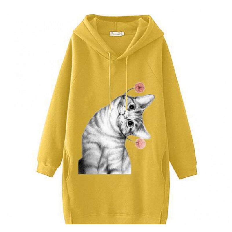 Damen Oversize Kapuzenkleid aus Sweat mit großem Katzenprint und Seitentaschen – Auréline