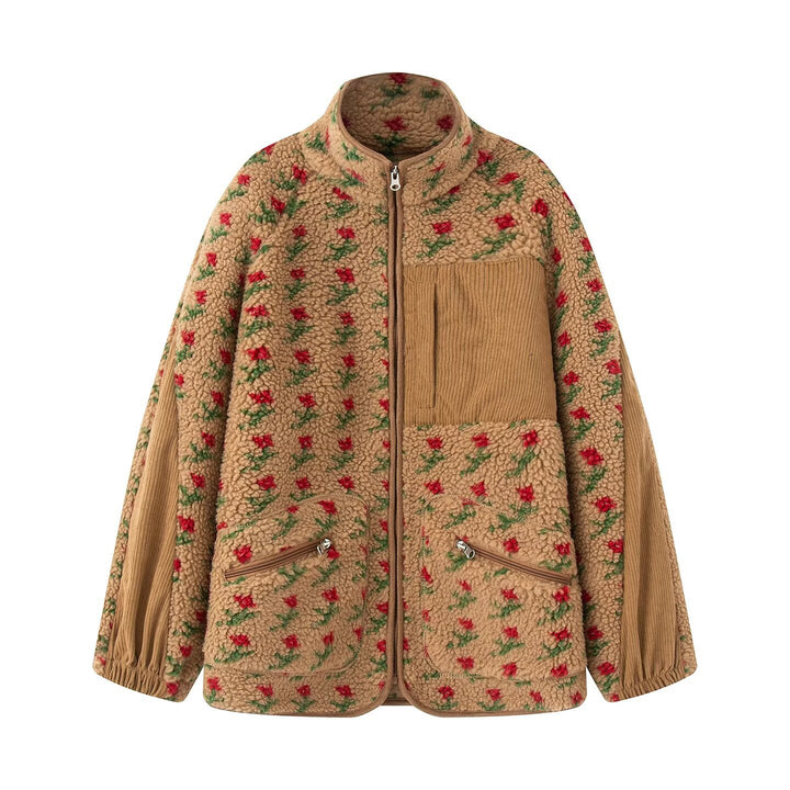 Damen nan Teddy-Fleece Jacke mit floralem Muster, Feincord-Einsätzen, Stehkragen und Reißverschluss Echo Archiv