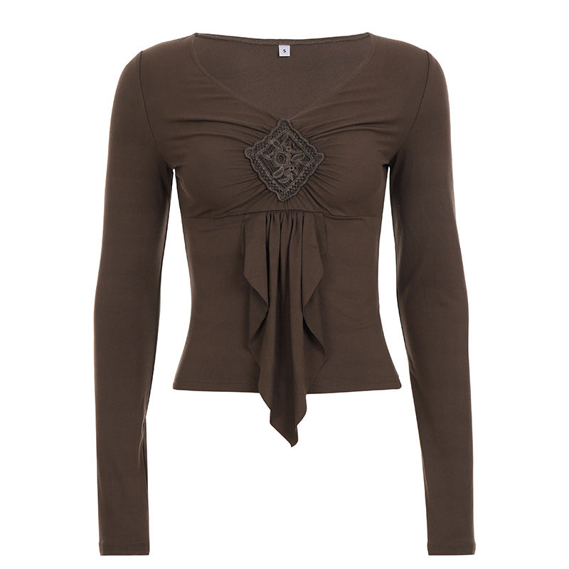 Damen nan figurbetontes Langarmshirt mit Drapé-Vorderteil und gehäkelter Mittelapplikation Echo Archiv