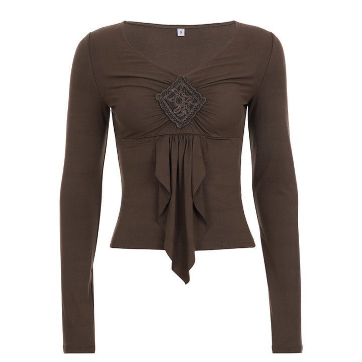 Damen nan figurbetontes Langarmshirt mit Drapé-Vorderteil und gehäkelter Mittelapplikation Echo Archiv