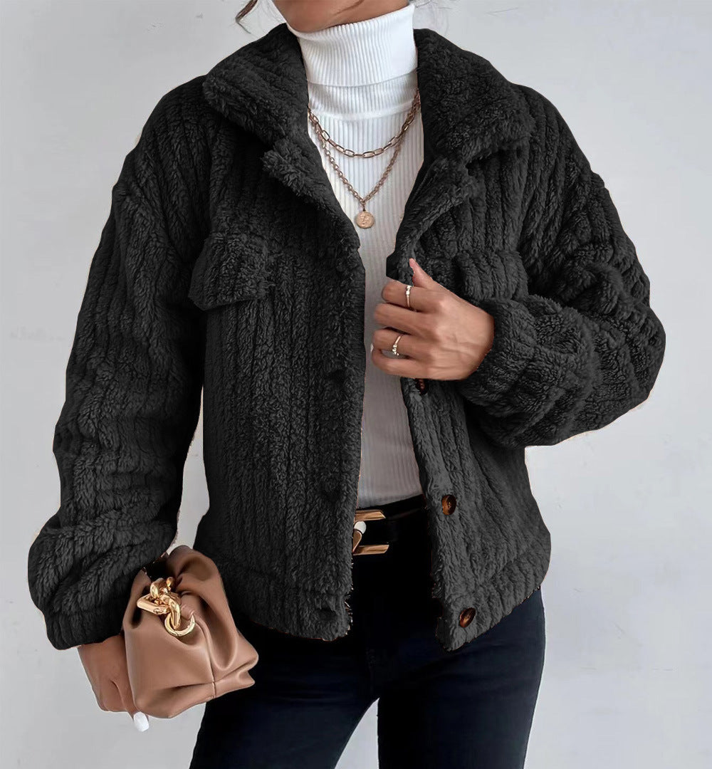 Damen nan kuschelige Teddyjacke mit Hemdkragen, Druckknopfverschluss und aufgesetzten Brusttaschen Echo Archiv