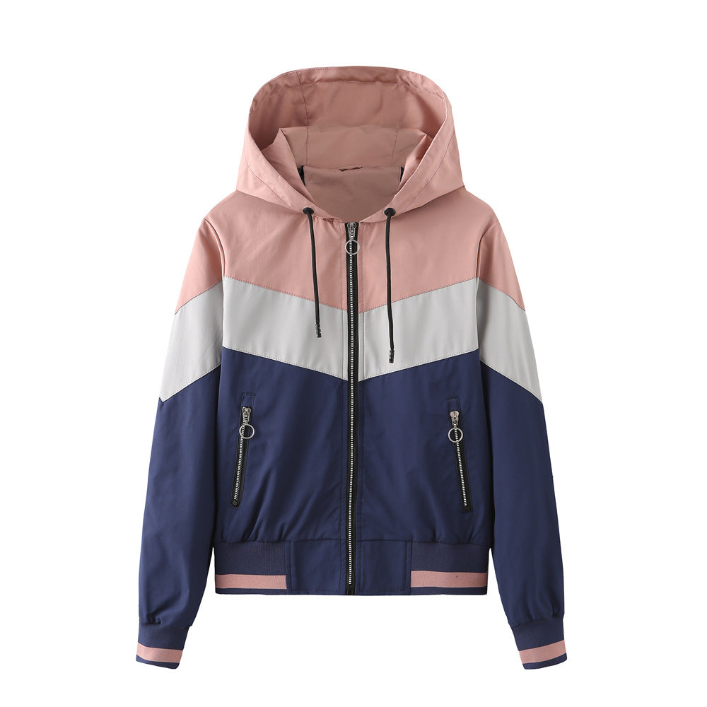 Damen nan leichte Windbreaker-Jacke mit Kapuze, Blockpaneel-Design, Reißverschlusstaschen und elastischem Saum Echo Archiv