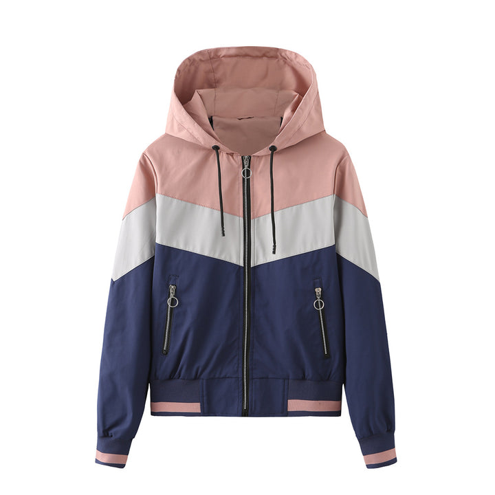 Damen nan leichte Windbreaker-Jacke mit Kapuze, Blockpaneel-Design, Reißverschlusstaschen und elastischem Saum Echo Archiv