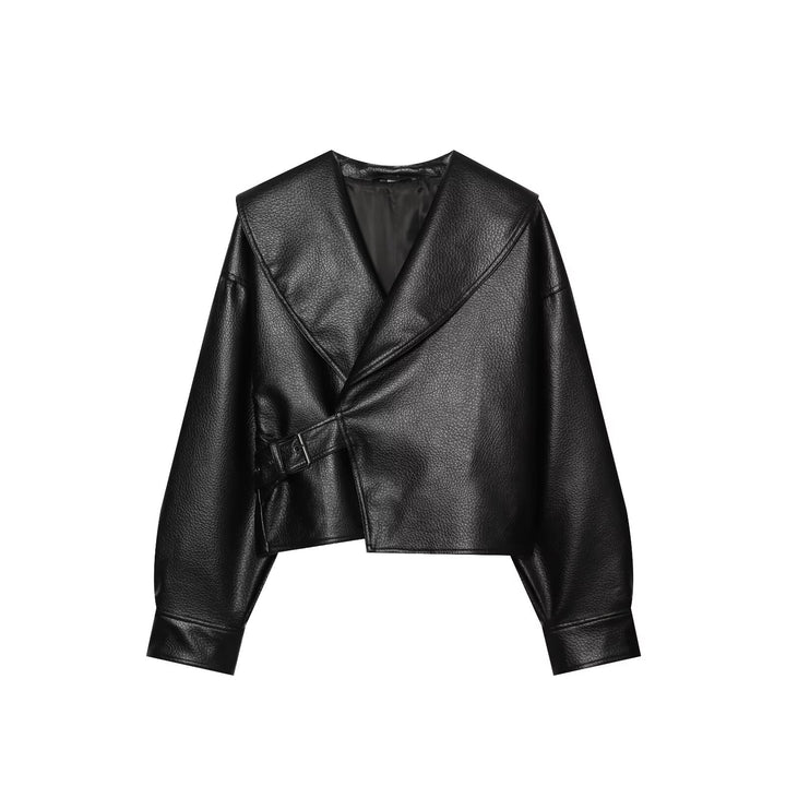 Damen Cropped Lederoptik-Jacke mit übergroßem Schalkragen und taillierendem Schnallenriemen Echoarchiv