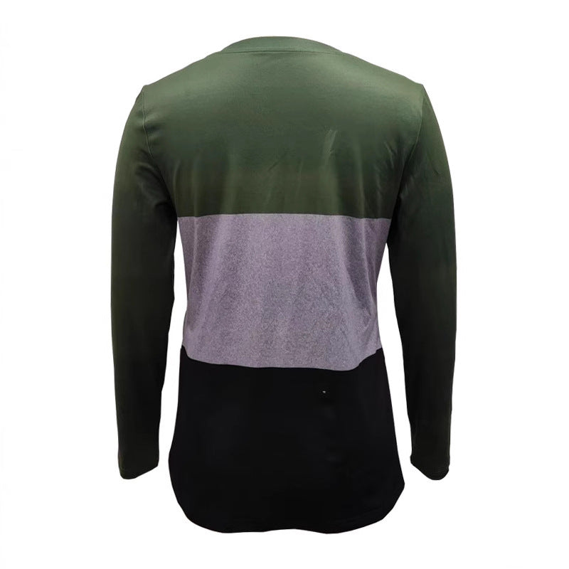 Damen Langarm-Colorblock-Shirt mit rundem Saum und seitlichem Knopfdetail – Avérine