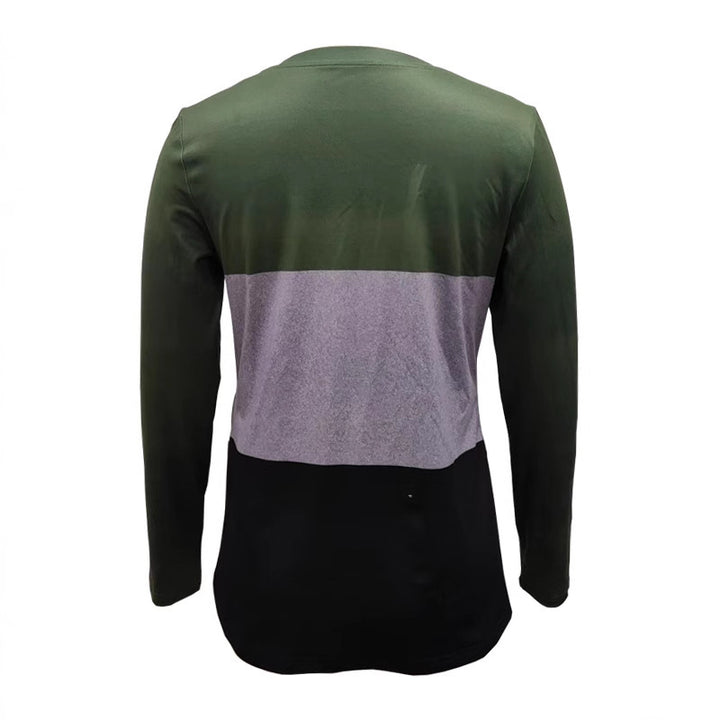 Damen Langarm-Colorblock-Shirt mit rundem Saum und seitlichem Knopfdetail – Avérine