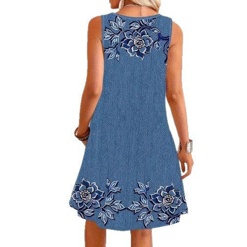 Damen nan ärmelloses Jeanskleid mit floraler Stickapplikation, durchgehender Knopfleiste und aufgesetzten Taschen Echo Archiv