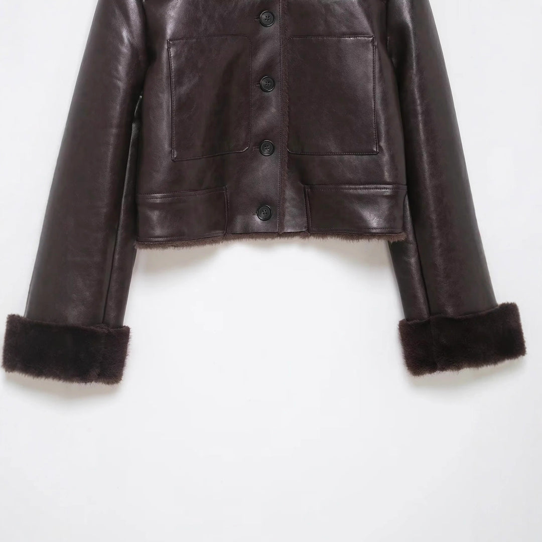 Damen nan cropped Fliegerjacke mit Teddyfutter und verstellbarem Halsriemen Echo Archiv
