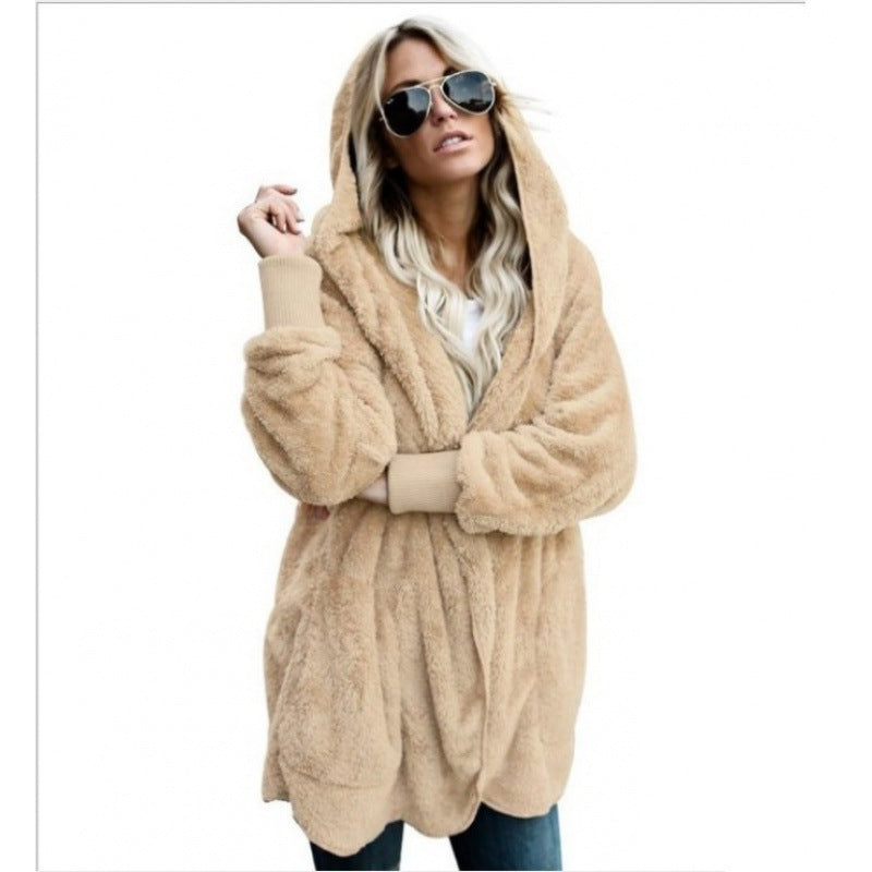 Damen Kuschelige Teddy‑Fleece‑Cardigan mit Kapuze, Oversize‑Schnitt und aufgesetzten Taschen – Veloura